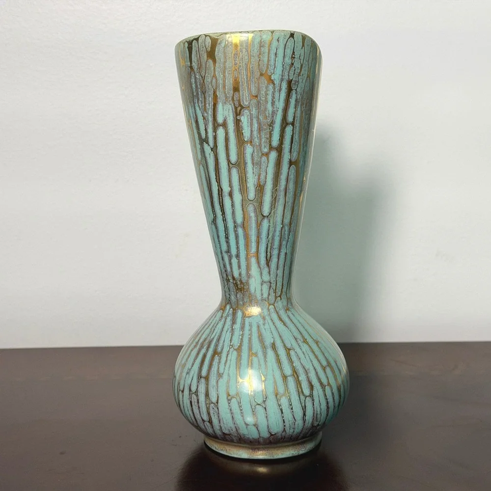 Vintage Carstens Tonnieshof Rimini Ewer Vase Turquoise Gold Drip Glaze W Germany